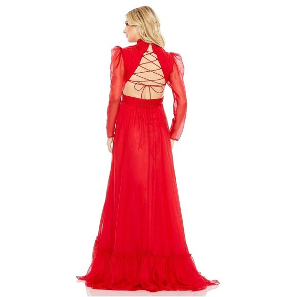 NWT Mac Duggal Chiffon High Neck Keyhole Puff Sleeve Lace Up Dress Red 8 - Picture 4 of 8